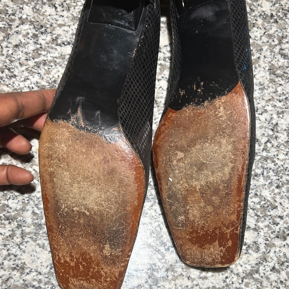 Stuart Weitzman womens Sz 9 black faux snakeskin fabric block heel pumps Vtg - Picture 4 of 13